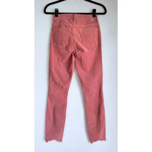 NWT MOTHER Denim High Waisted Looker Ankle Chew in Hopscotch Pink Corduroy Sz 24